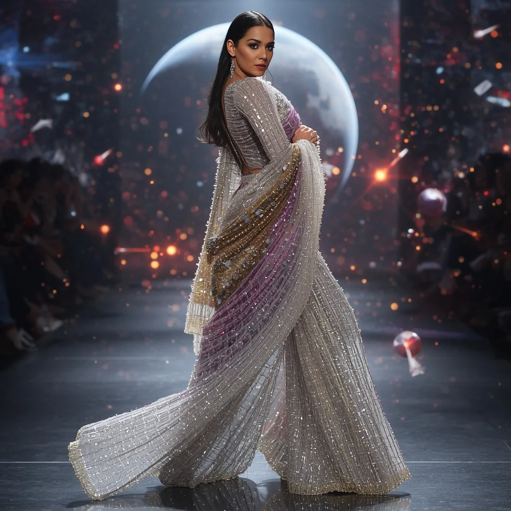 Crystal Meteor Shower Saree with Orbit Impact Hall | Image Prompt