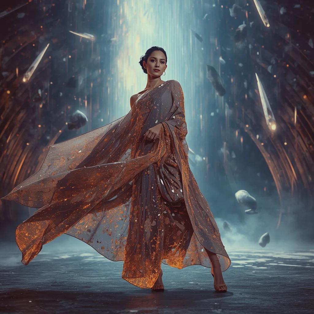 Crystal Meteor Silk Saree with Falling Sky Arena | Viral Ai Image Prompt