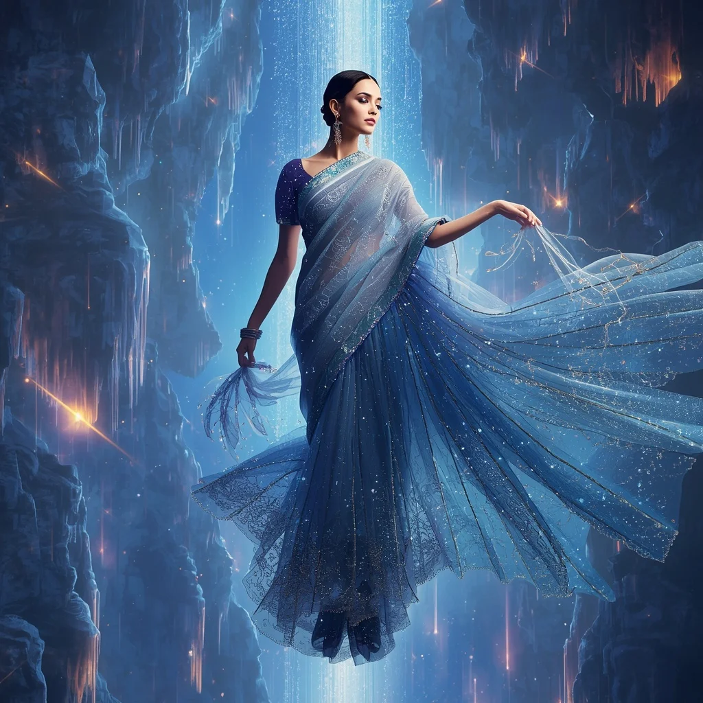 Crystal Meteor Waterfall Saree with Floating Sky Canyon Universe | Photo Prompt