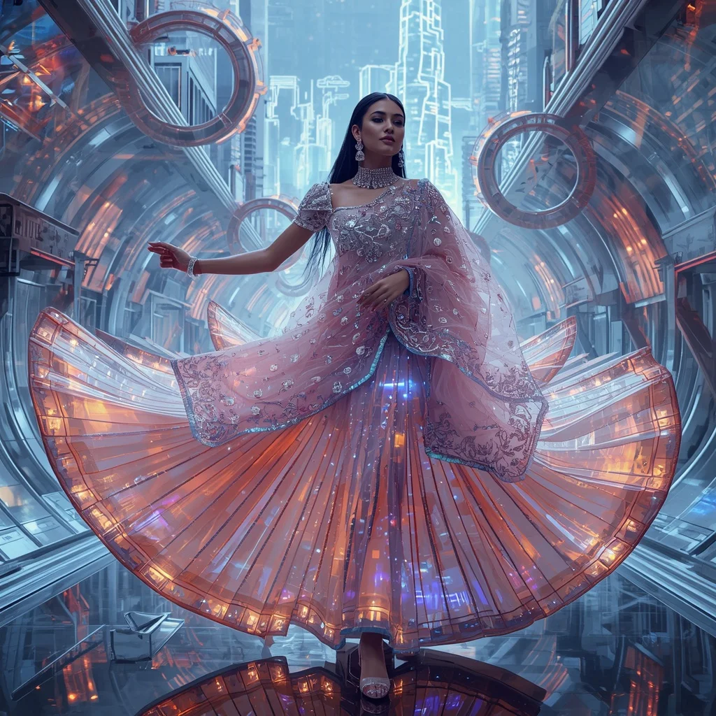 Crystal Metro Tunnel Saree with Neon Transit Infinity Megacity | Woman Pose Ai Prompt