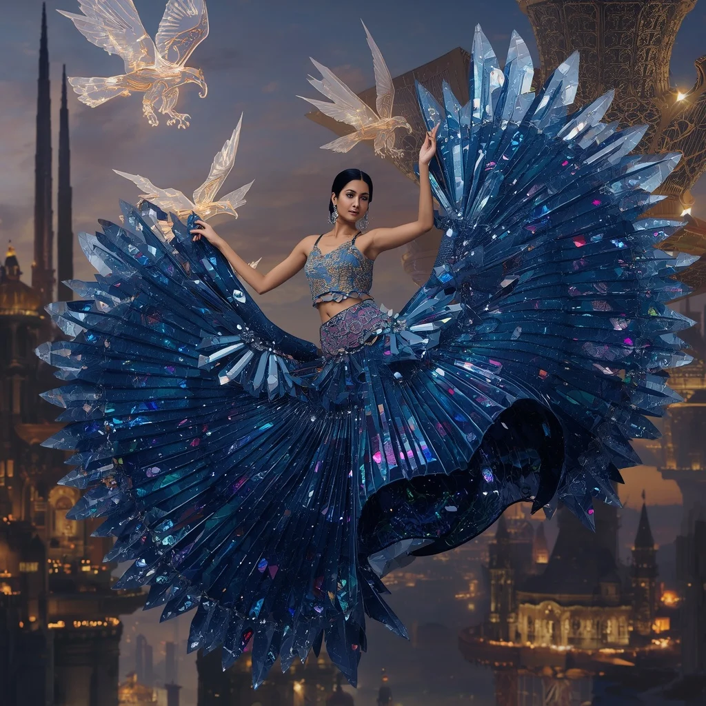 Crystal Mirage Falcon Saree with Floating Horizon Palace Megakingdom | Instagram Carousel Ai Prompt
