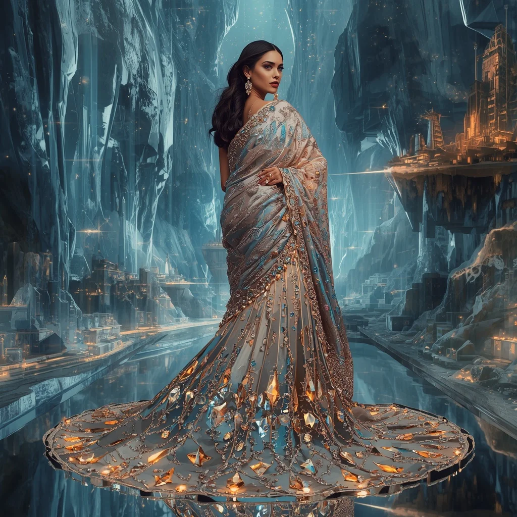 Crystal Mirror Canyon Saree with Floating Reflection Valley Kingdom | Prompt Seen Trending Girl 2026 Instagram