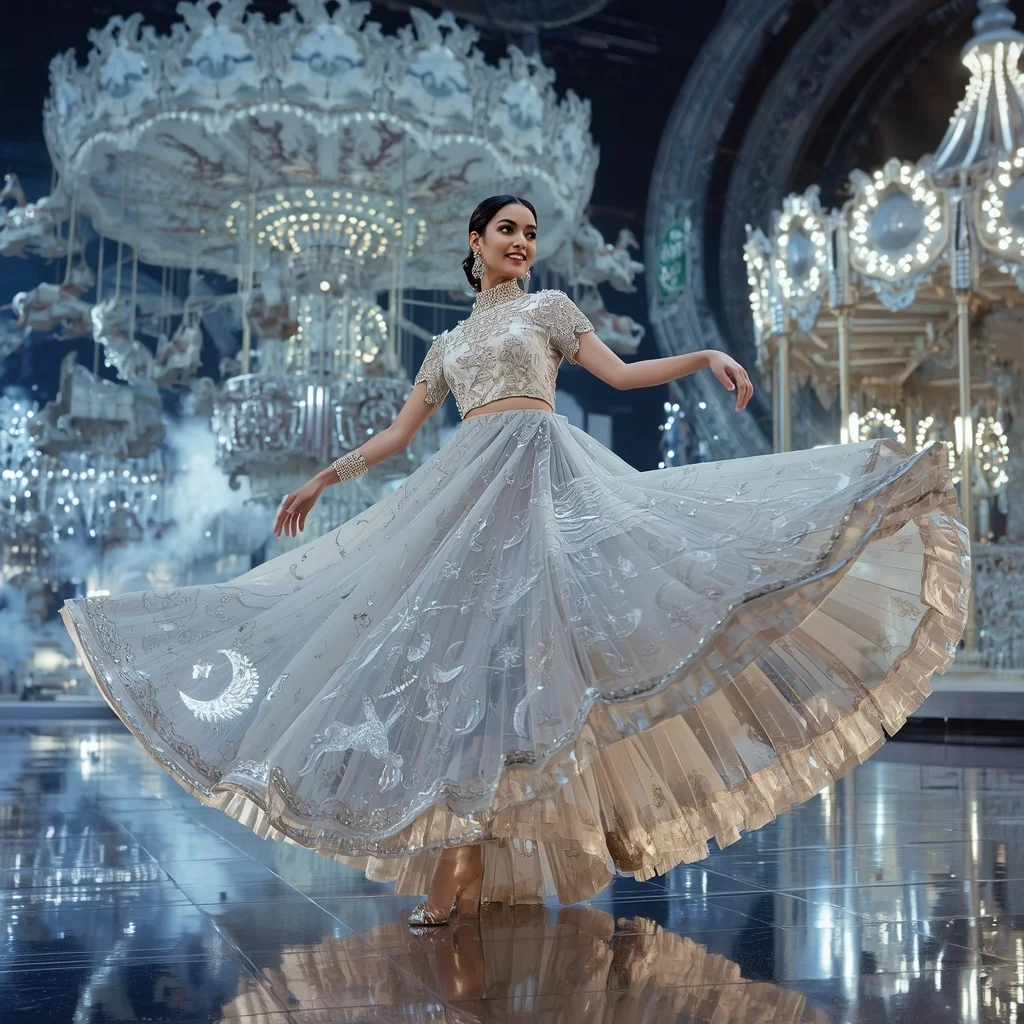 Crystal Moon Carousel Saree with Floating Celestial Carnival Realm | Gemini Ai Prompt For Girl