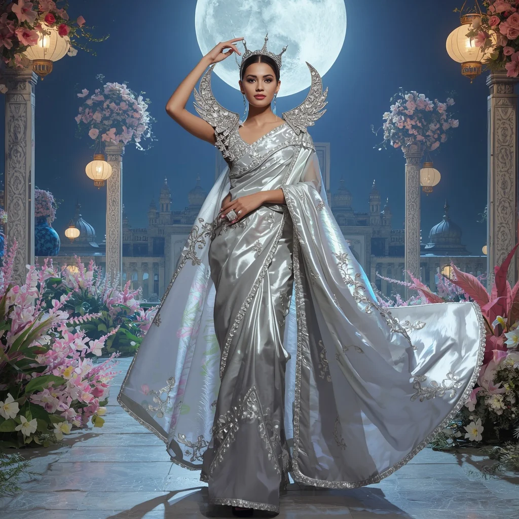 Crystal Moon Garden Pavilion Saree with Celestial Bloom Empire | Gemini Traditional Saree Prompt