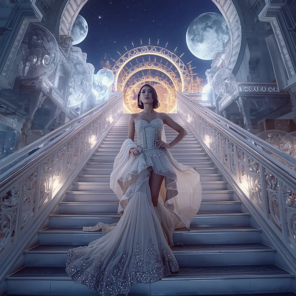 Crystal Moon Stairway Saree with Celestial Palace Festival | Prompt Image