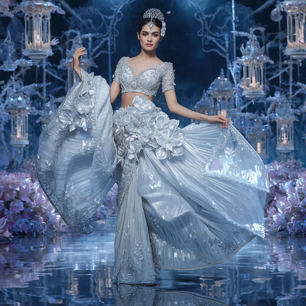 Crystal Moonlight Garden Saree with Floating Silver Blossom Palace | Character Design Ai Prompt