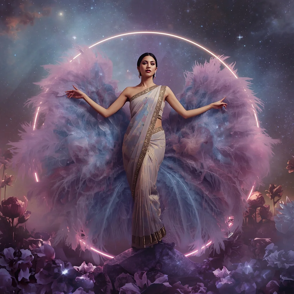 Crystal Nebula Feather Orbit Saree with Galaxy Bloom Field | Best AI Art