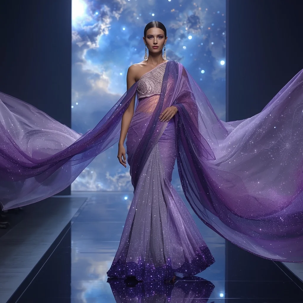 Crystal Nebula Veil Saree with Floating Galaxy Drapes | Ai Prompt Generator Free