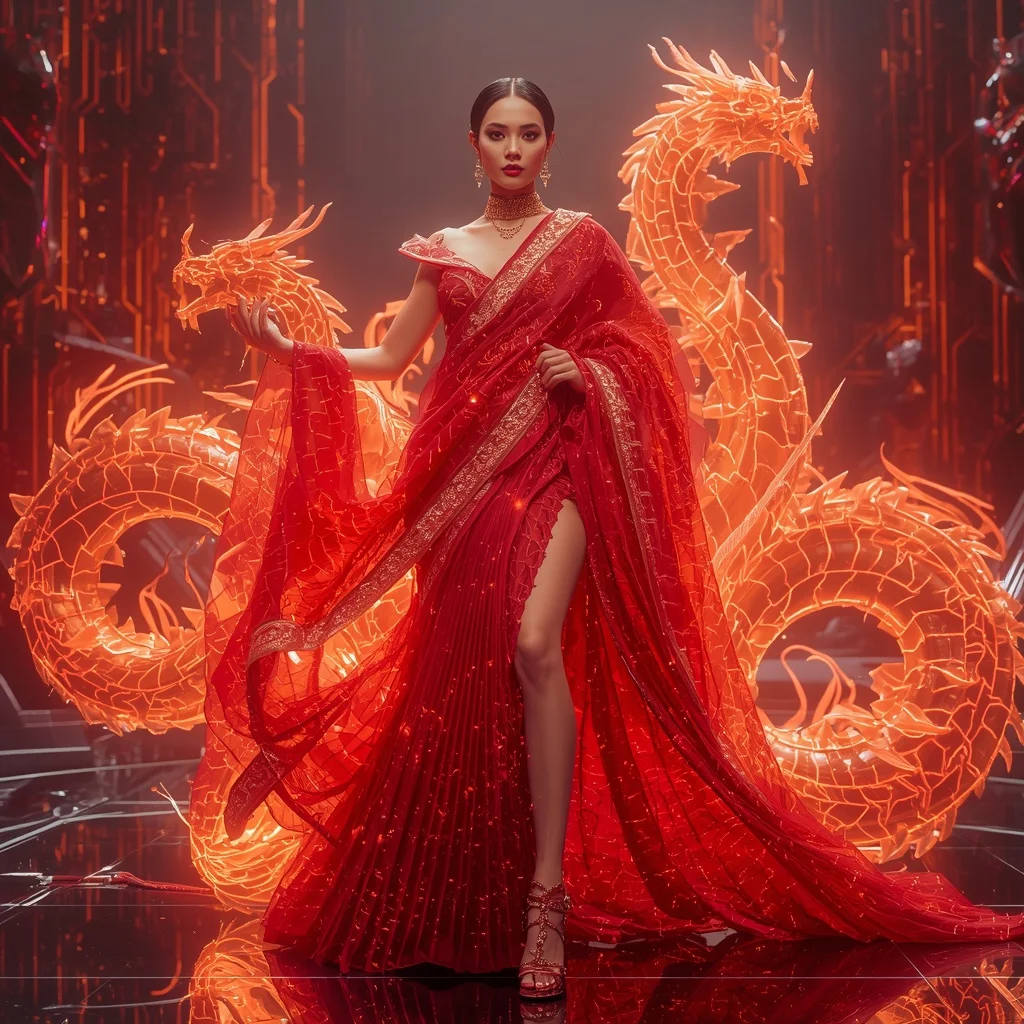 Crystal Neon Dragon Circuit Saree with Cyber Flame Metaverse Kingdom | Ai Selfie Prompt