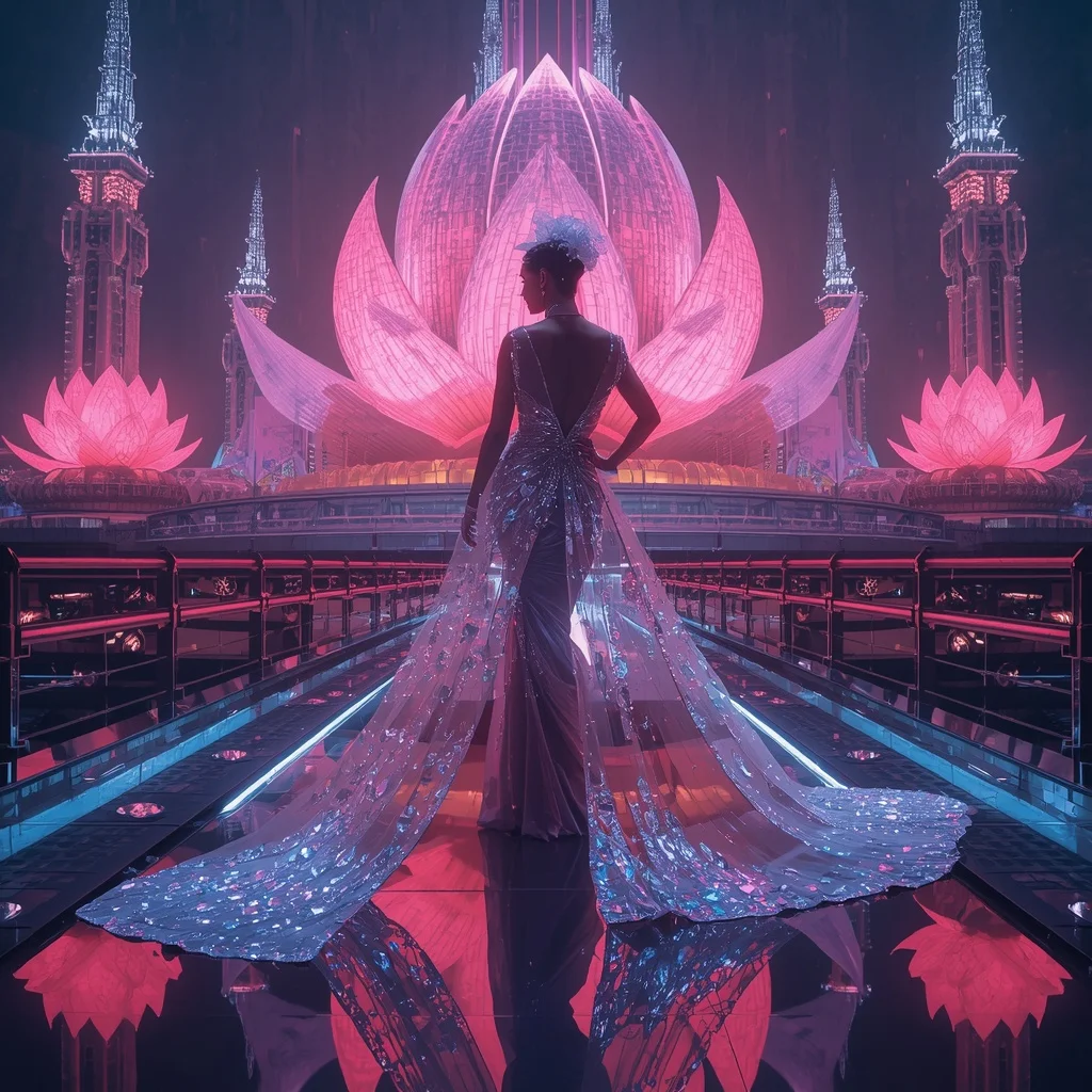 Crystal Neon Lotus Saree with Floating Cyber Temple Metropolis | Indian Girl Ai Prompt