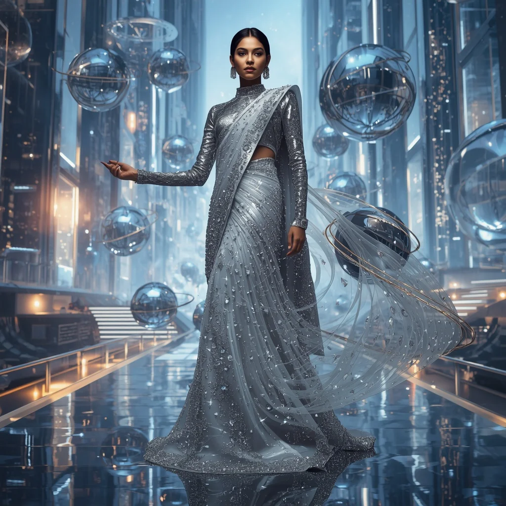 Crystal Orbital Ring Saree with Floating Sphere Architecture City | Instagram Influencer Ai Prompt