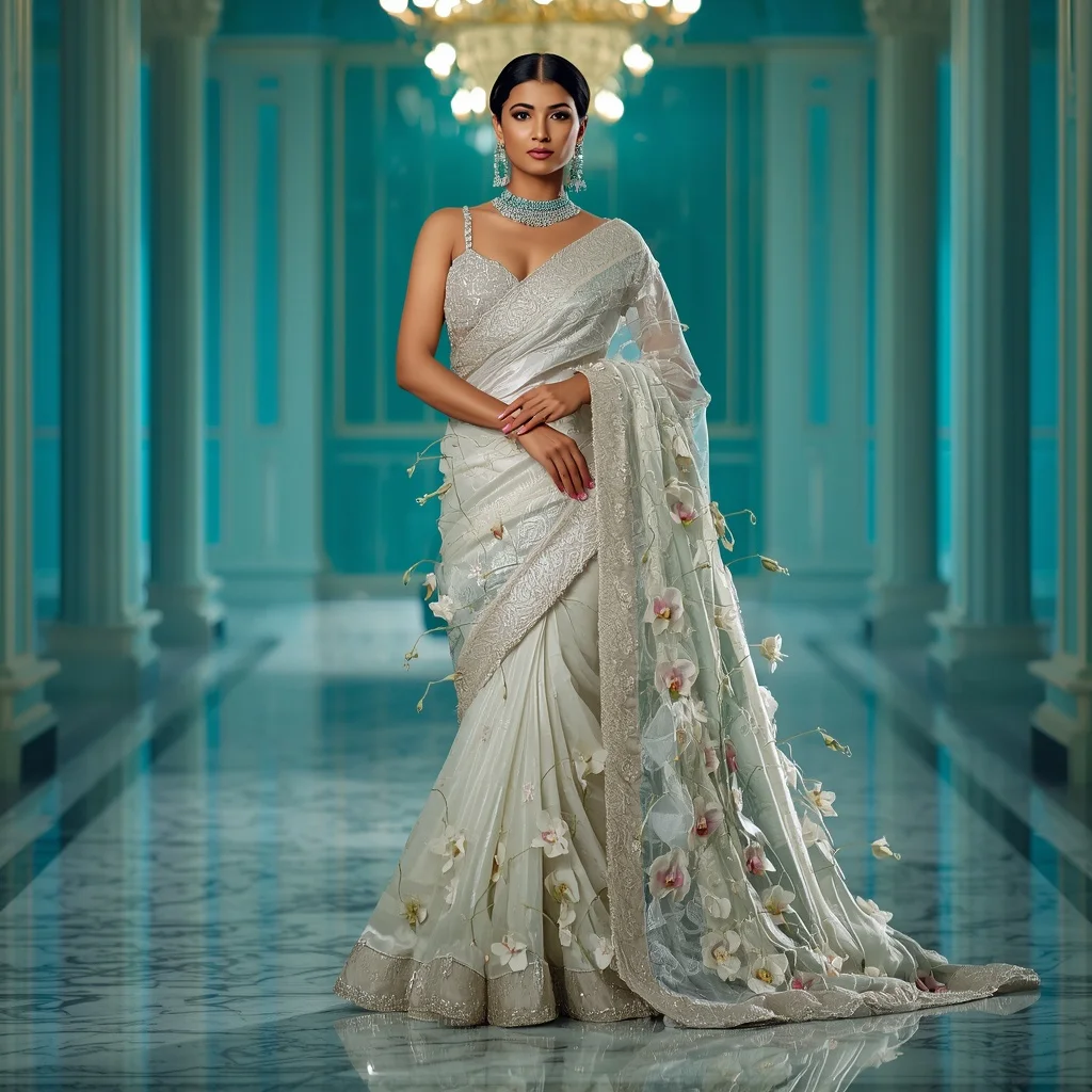 Crystal Orchid Fountain Saree with Luxury Aqua Palace | Google Prompt