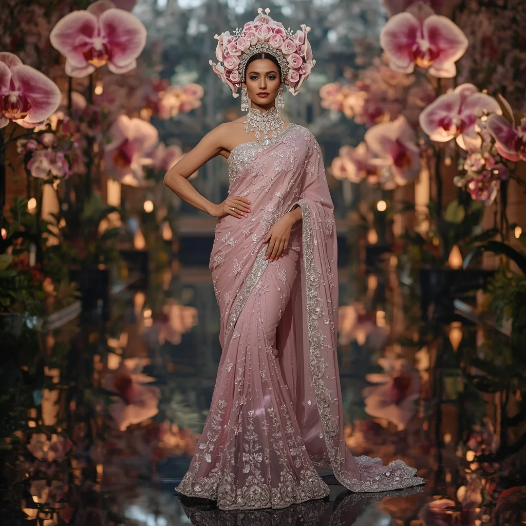Crystal Orchid Halo Crown Saree with Luxury Botanical Palace | Flux Ai Prompt