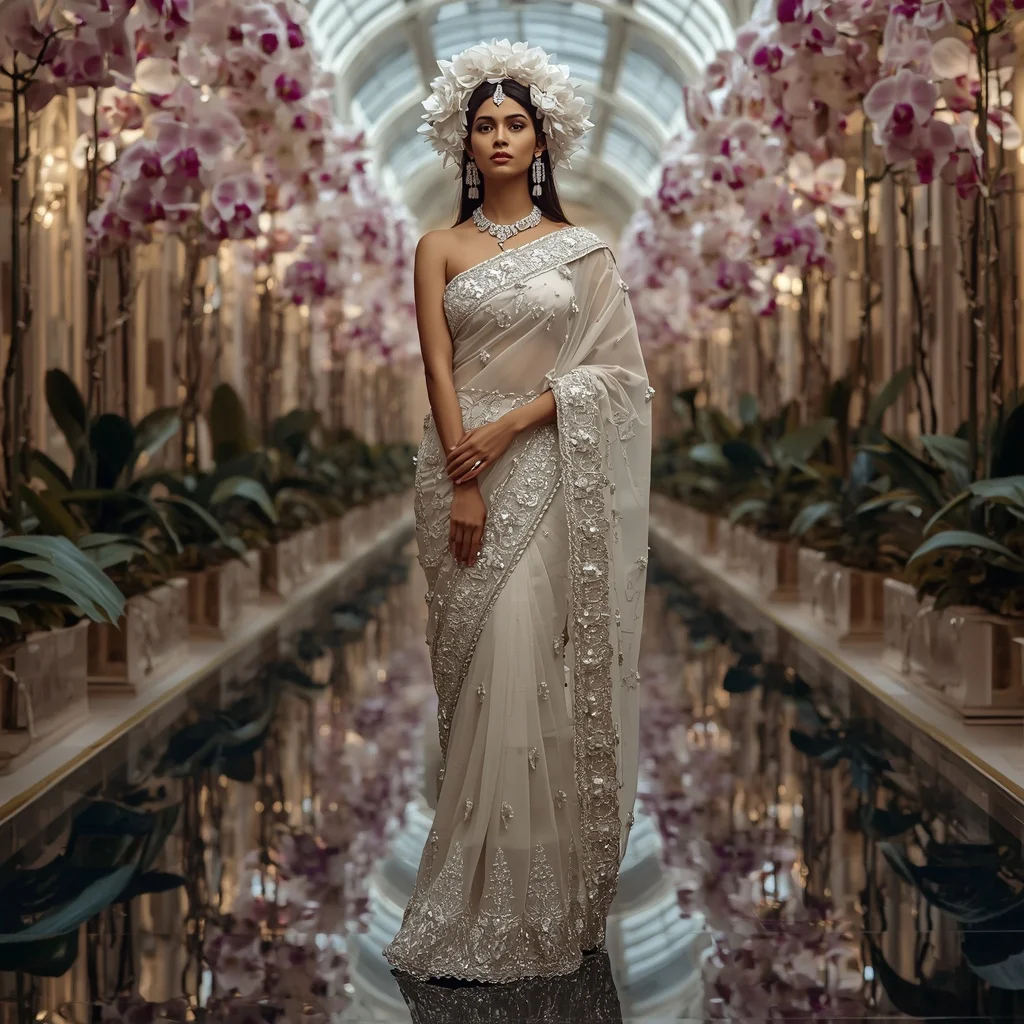 Crystal Orchid Halo Saree with Luxury Botanical Reflection Hall | Prompt Seen Girl Photo Editing ChatGPT