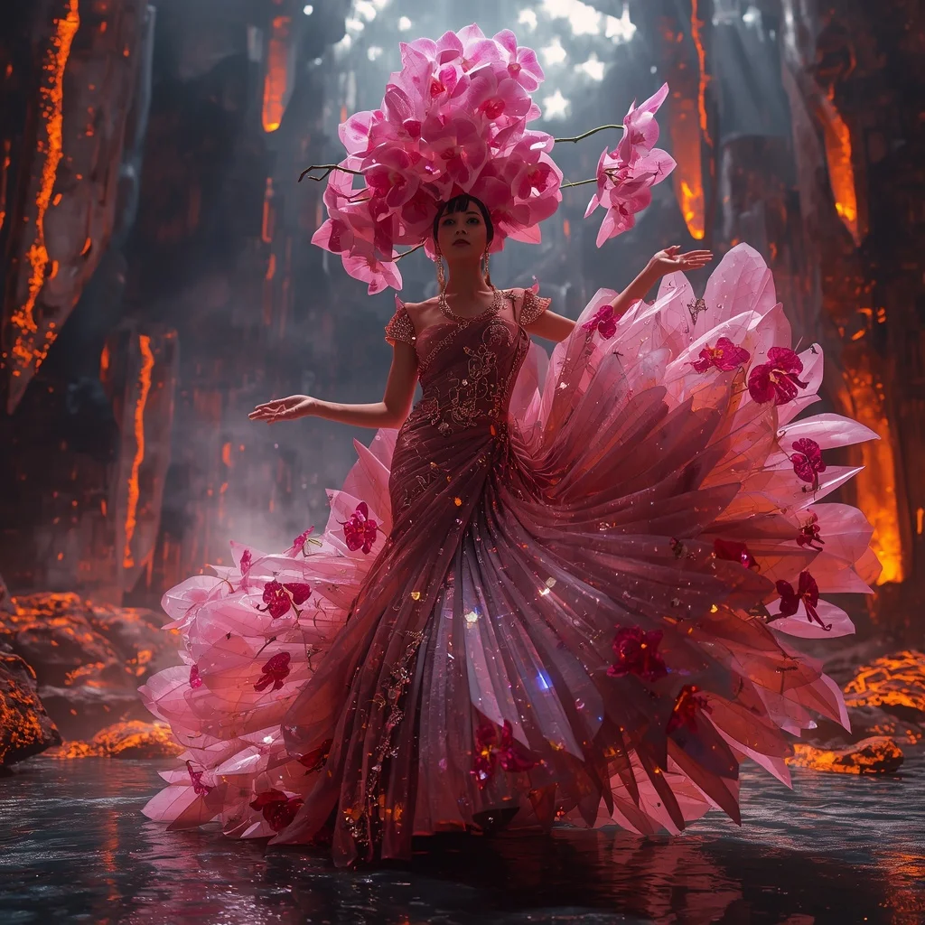 Crystal Orchid Volcano Saree with Floating Bloom Lava Megacity | Ultra Realistic Ai Prompt