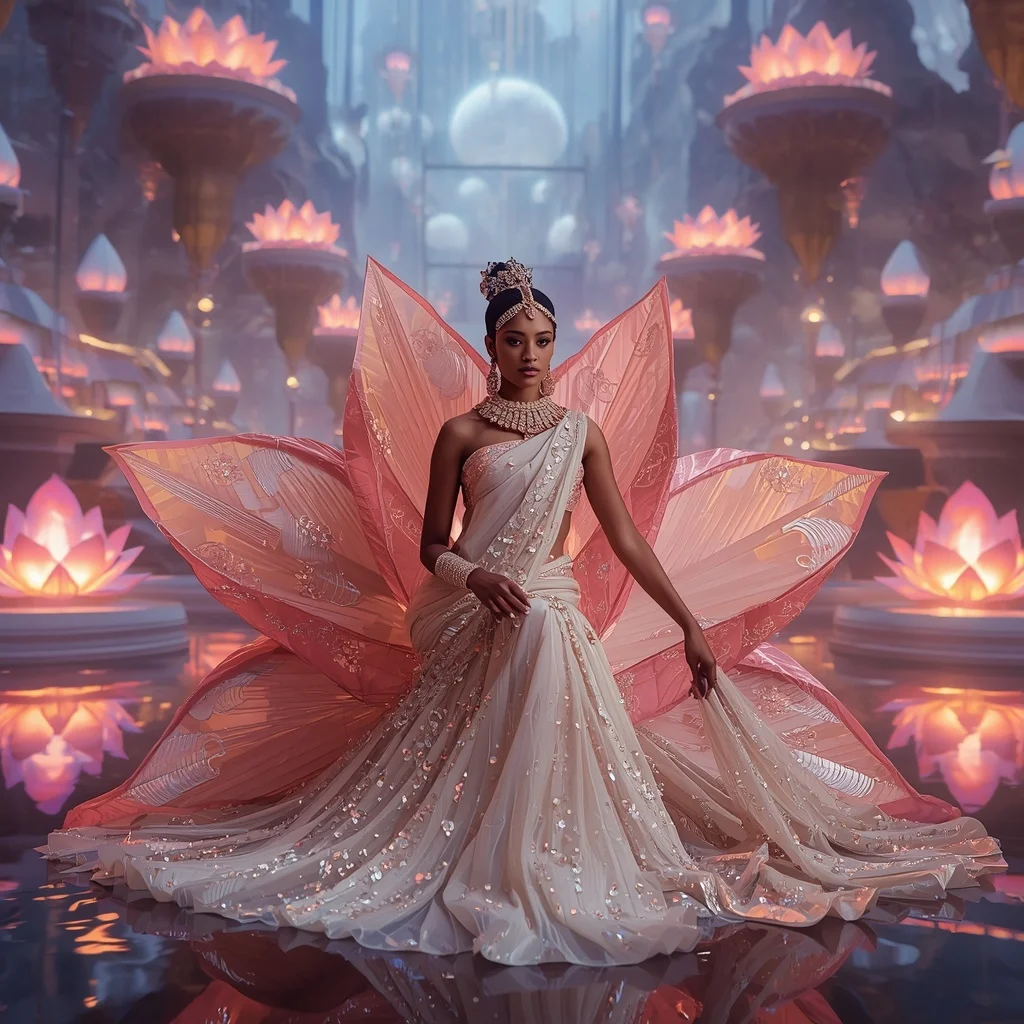 Crystal Origami Lotus Saree with Floating Geometric Temple Realm | Hd Image Prompt