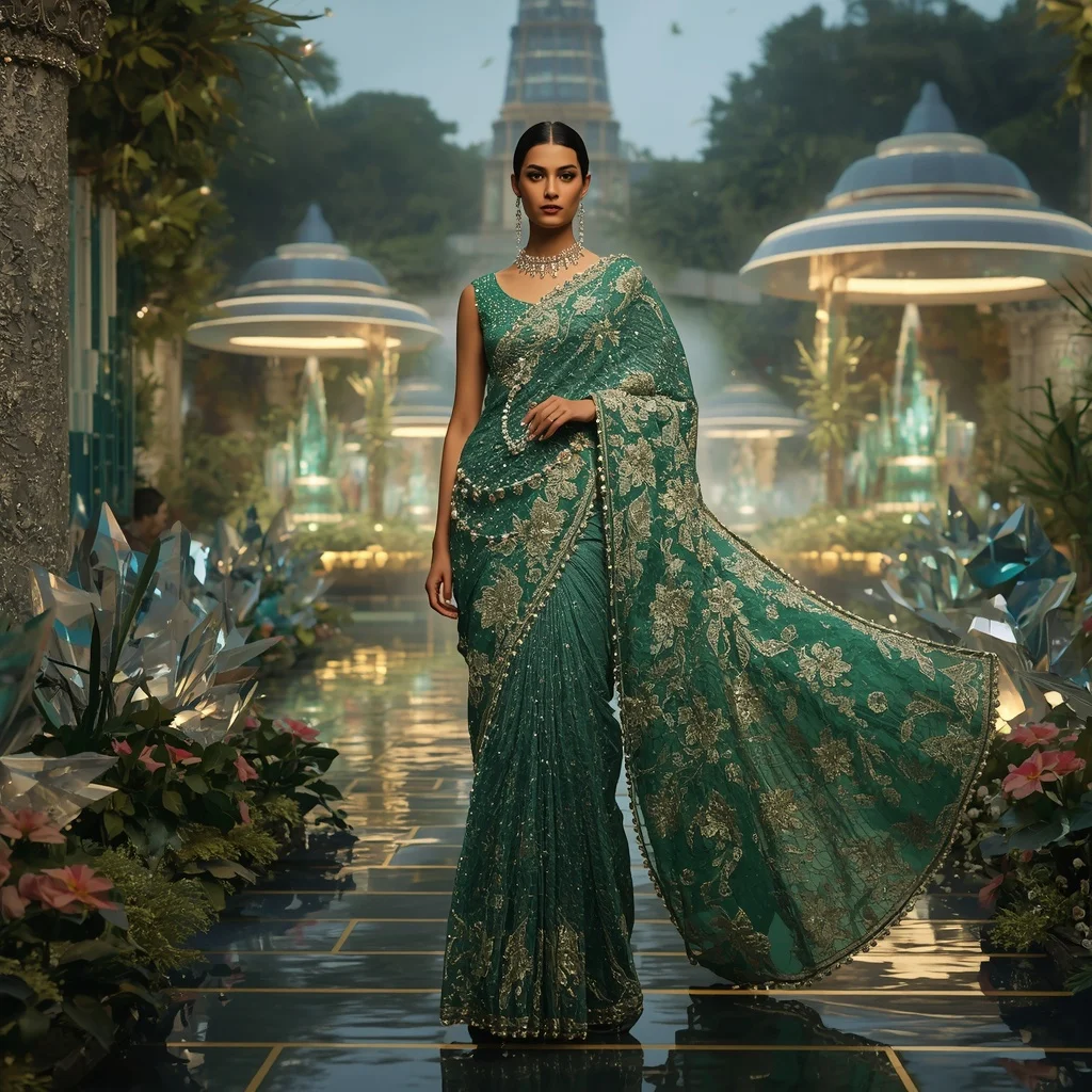 Crystal Pavilion Garden Saree with Modern Luxury Courtyard Kingdom | Makeup Ai Prompt