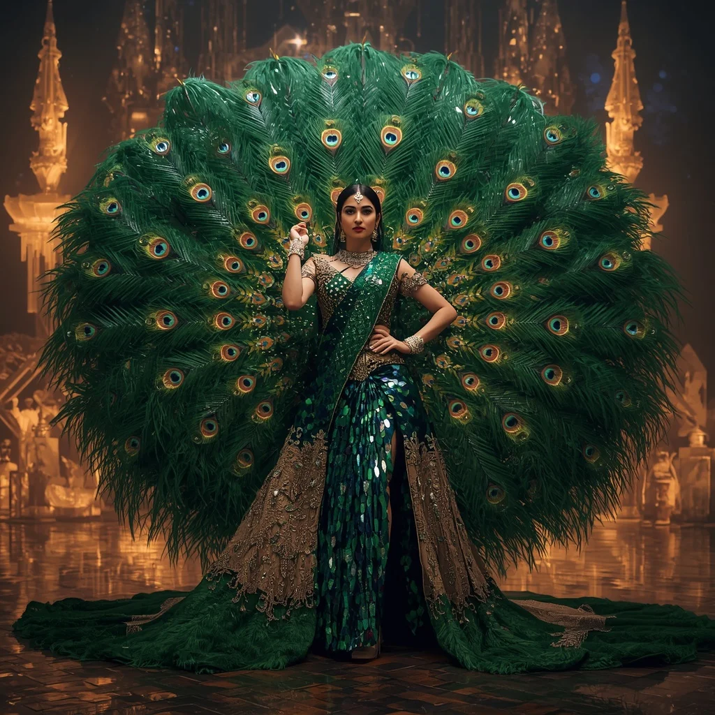 Crystal Peacock Armor Saree with Royal Feather Megafortress | Hd Image Prompt