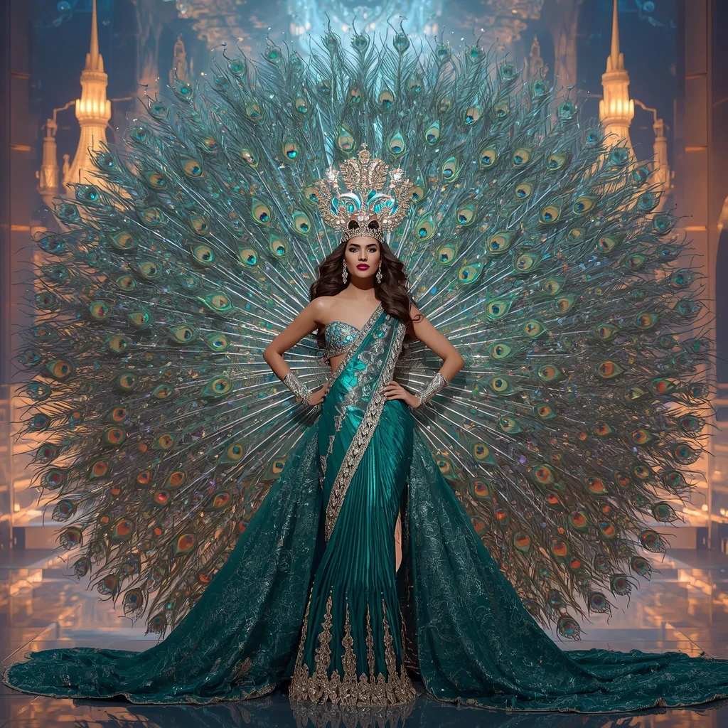 Crystal Peacock Crown Saree with Floating Royal Feather Citadel | Best Ai Prompt 2026