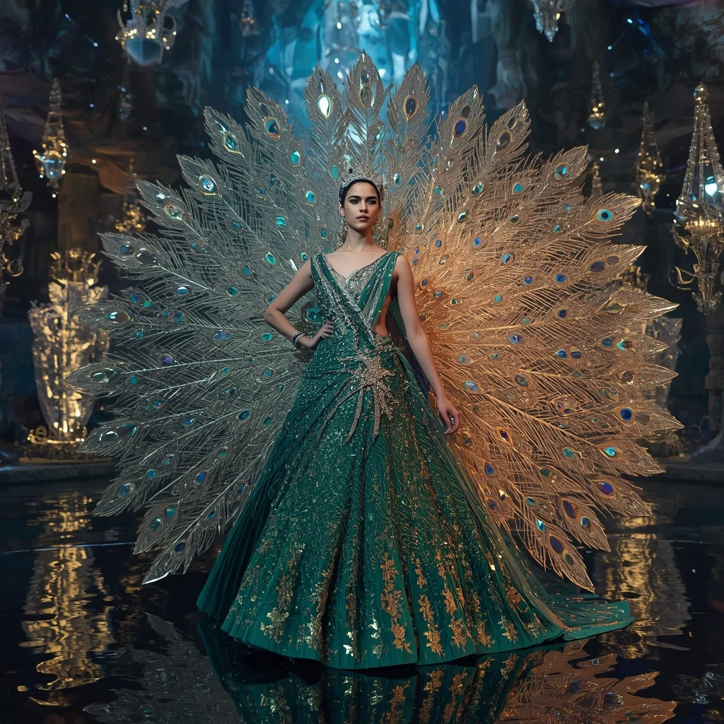 Crystal Peacock Crown Saree with Floating Royal Prism Jungle | South Indian Prompt For Girl ChatGPT