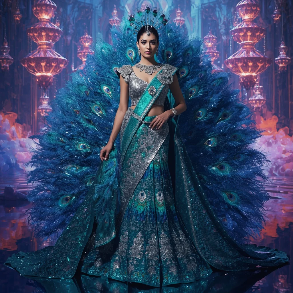 Crystal Peacock Empire Saree with Floating Feather Palace | Gemini Ai Photo Prompt