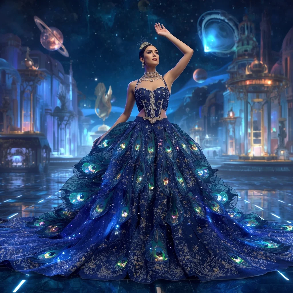 Crystal Peacock Observatory Saree with Celestial Festival Kingdom | Secret Ai Prompt