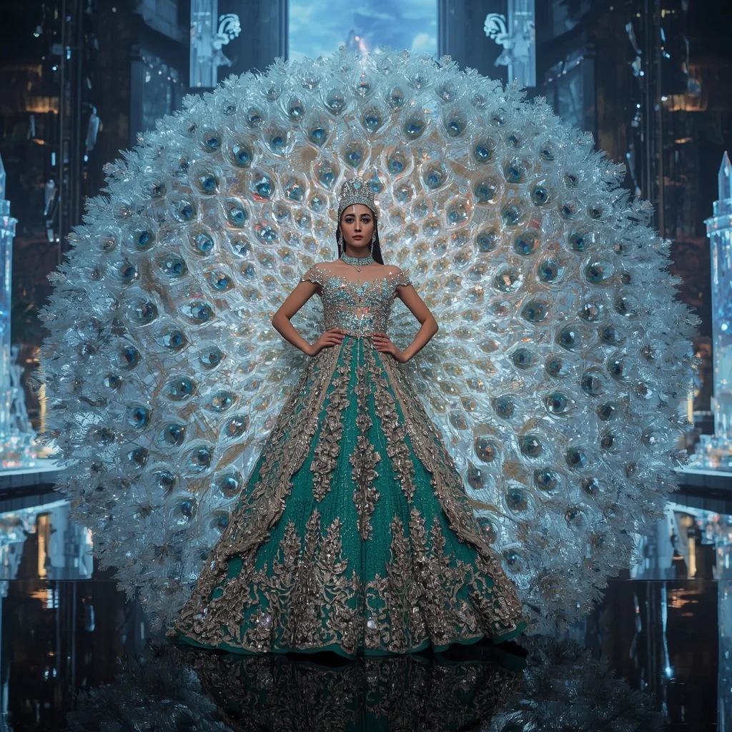 Crystal Peacock Palace Saree with Floating Jewel Feather Kingdom | Image To Prompt