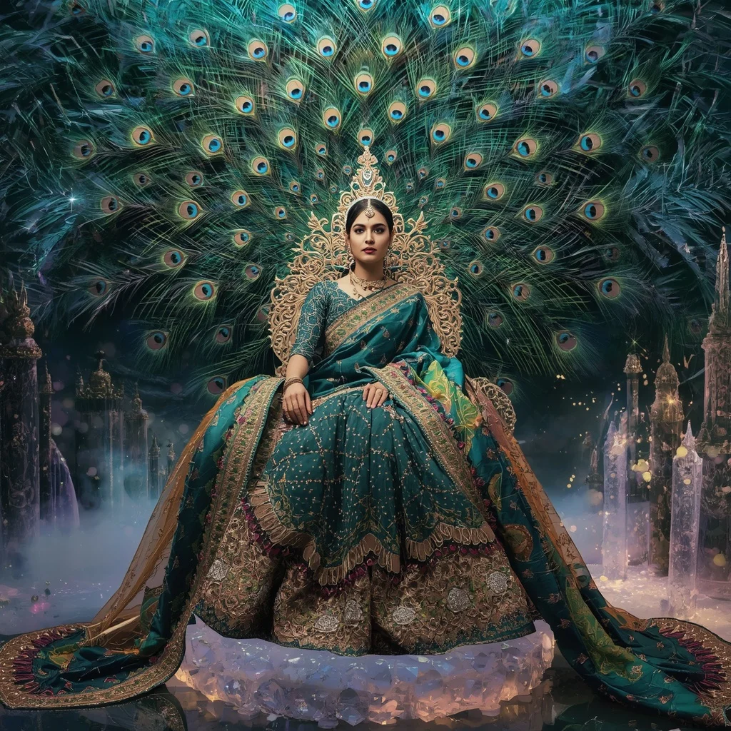 Crystal Peacock Throne Saree with Jewel Feather Universe | Secret Ai Prompt