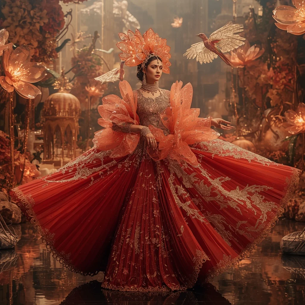 Crystal Phoenix Garden Saree with Floating Fire Blossom Paradise | Woman Pose Ai Prompt
