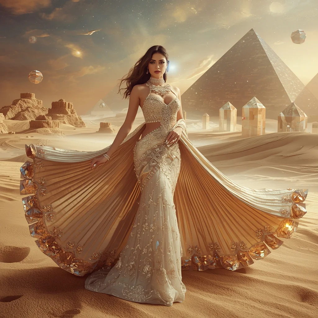 Crystal Prism Desert Saree with Mirage Pyramid Megaverse | Saree Pose Ai Prompt