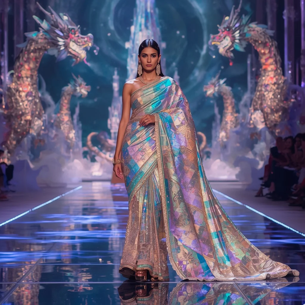 Crystal Prism Dragon Saree with Floating Infinity Fortress Universe | Prompt Engineering
