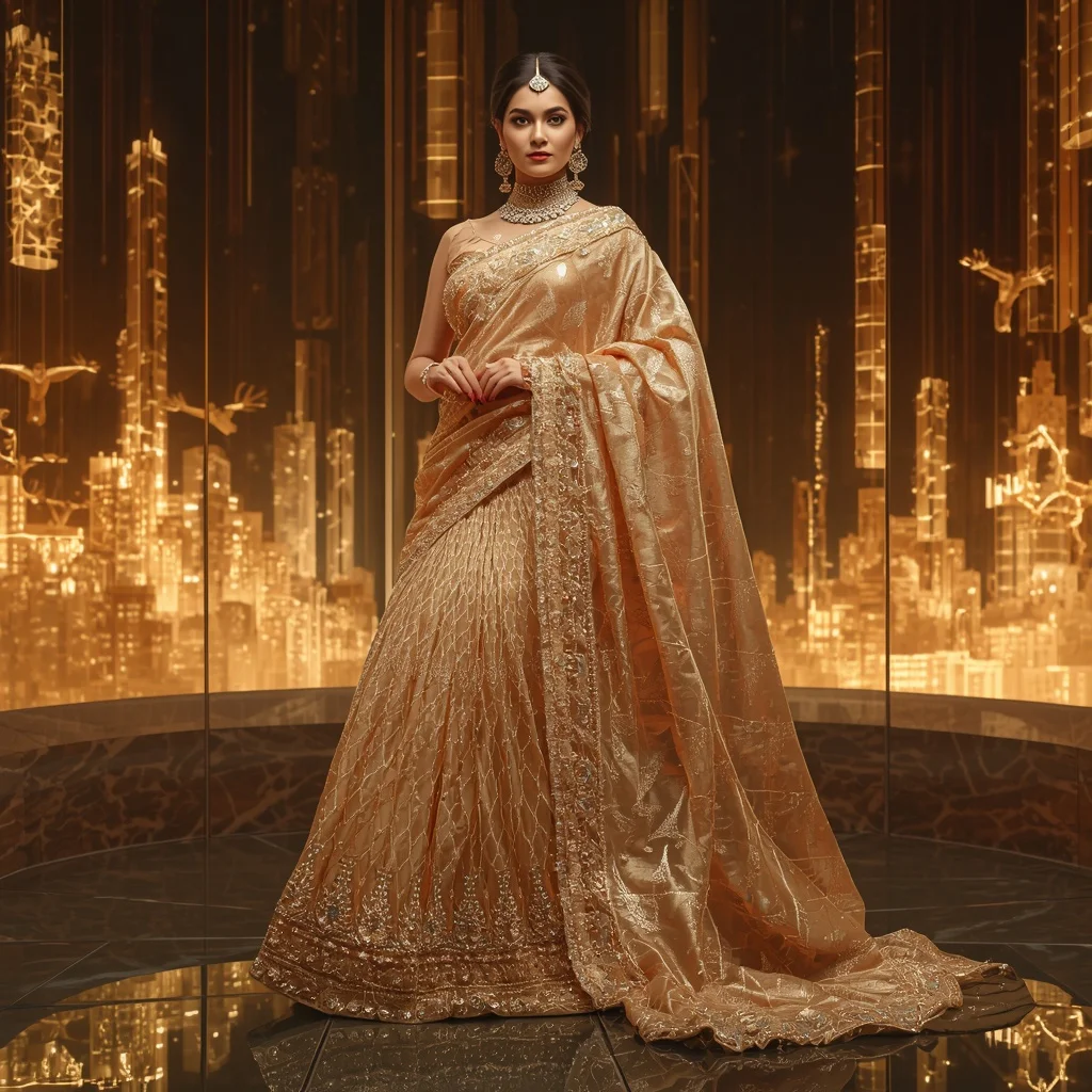 Crystal Prism Giraffe Saree with Safari Skyline Infinity Realm | Woman Pose Ai Prompt