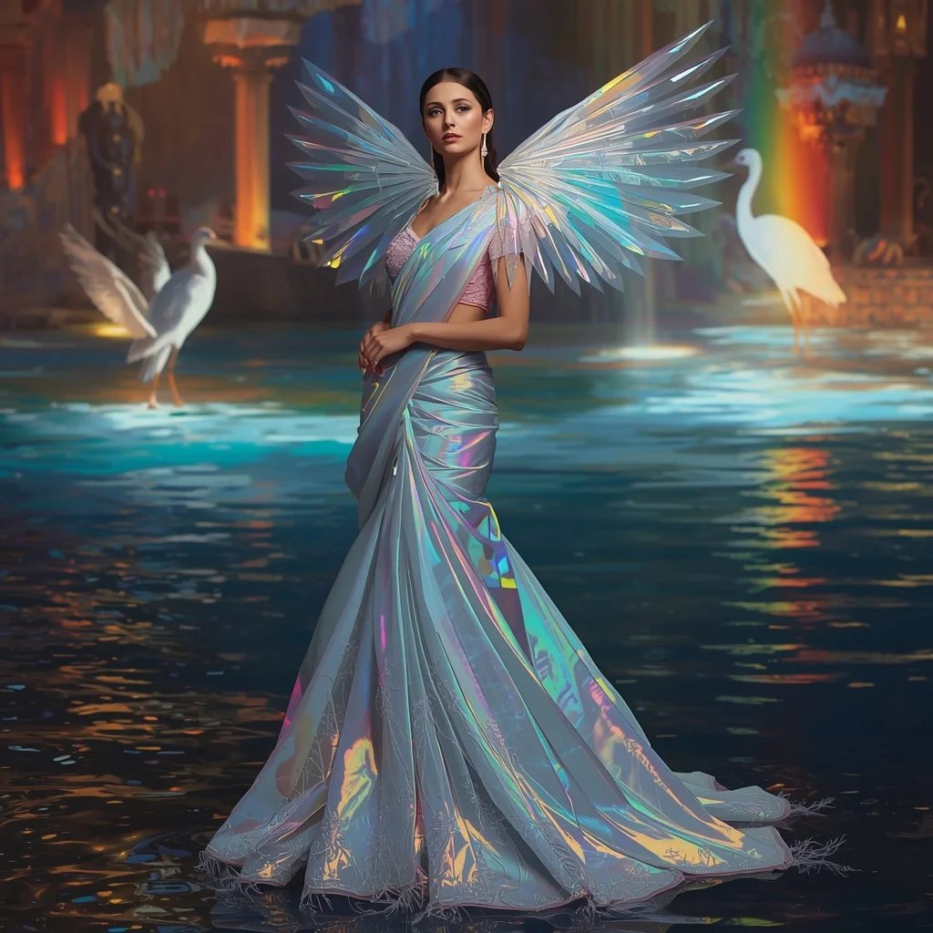 Crystal Prism Heron Saree with Rainbow Water Kingdom | New Instagram Trend Prompt For Girl Copy And Paste