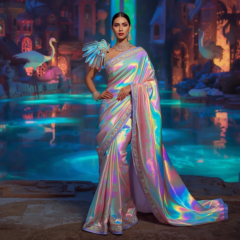 Crystal Prism Heron Saree with Rainbow Water Kingdom | Youtube Thumbnail Ai Prompt