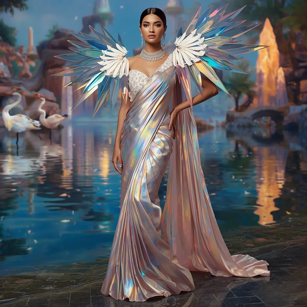 Crystal Prism Heron Saree with Rainbow Water Kingdom | Whatsapp Dp Ai Prompt
