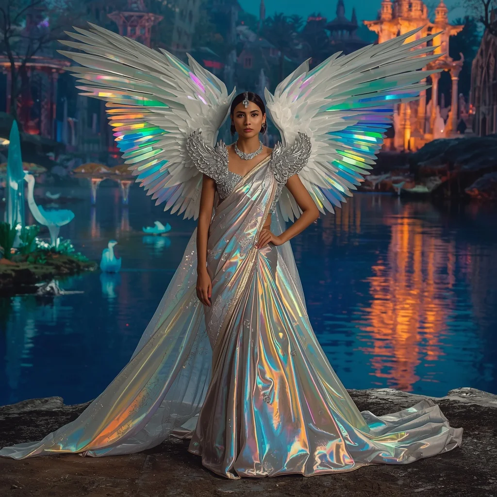 Crystal Prism Heron Saree with Rainbow Water Kingdom | Best Prompt Ai For Girl