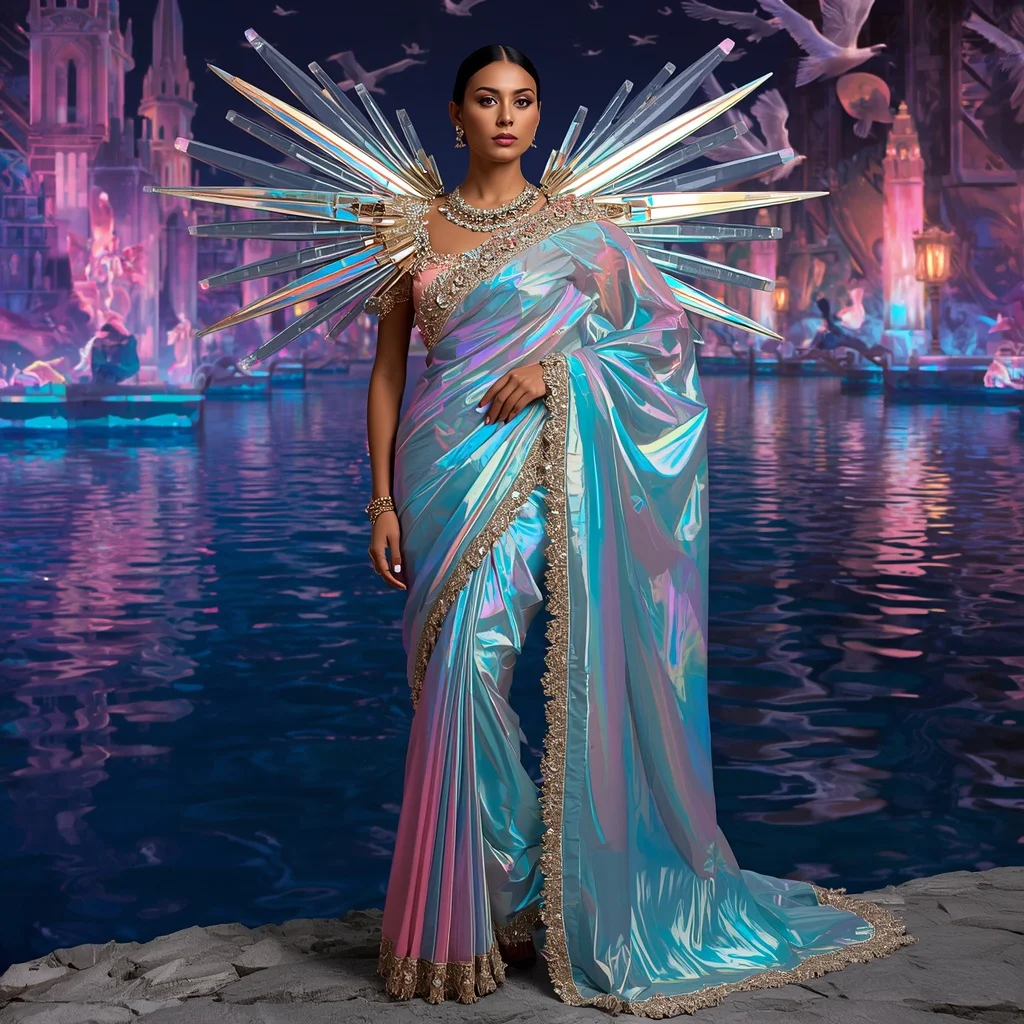 Crystal Prism Kingfisher Saree with Rainbow River Empire | Desi Saree Ai Prompt
