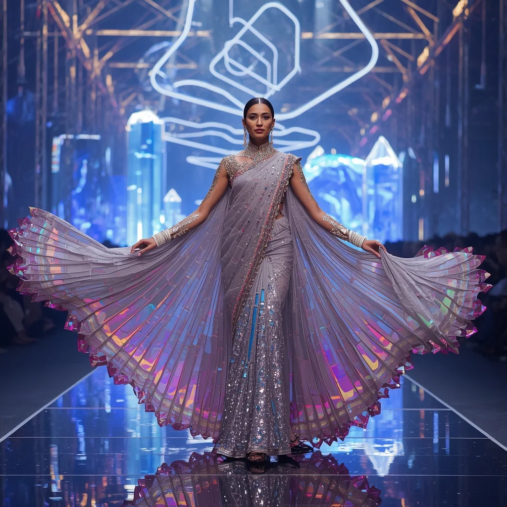 Crystal Prism Maze Saree with Floating Geometry Festival World | Trending Prompts For Instagram For Girl