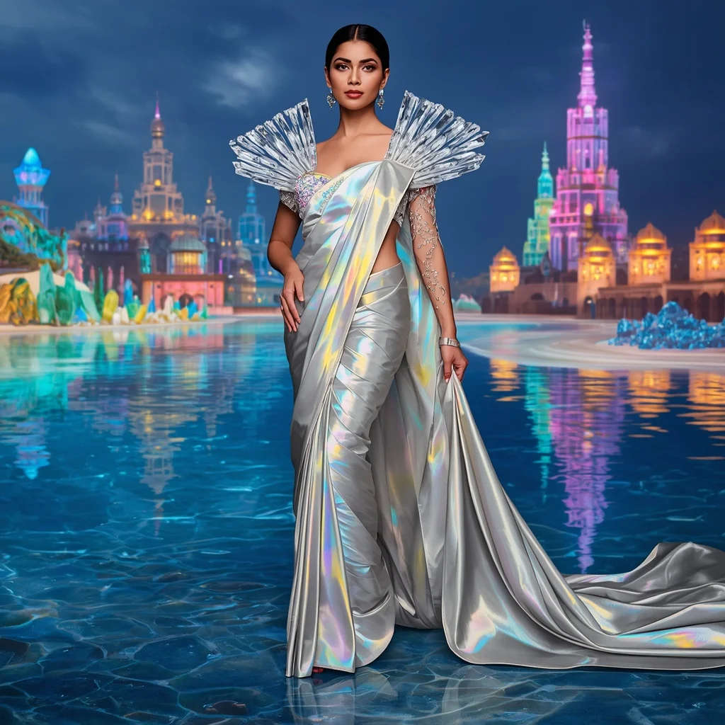 Crystal Prism Ocean Queen Saree with Rainbow Tidal Empire | Character Design Ai Prompt