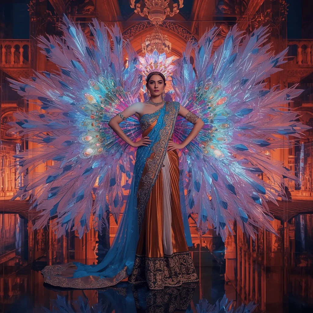 Crystal Prism Peacock Crown Saree with Holographic Royal Fire Palace | Indian Bride Saree Ai Prompt