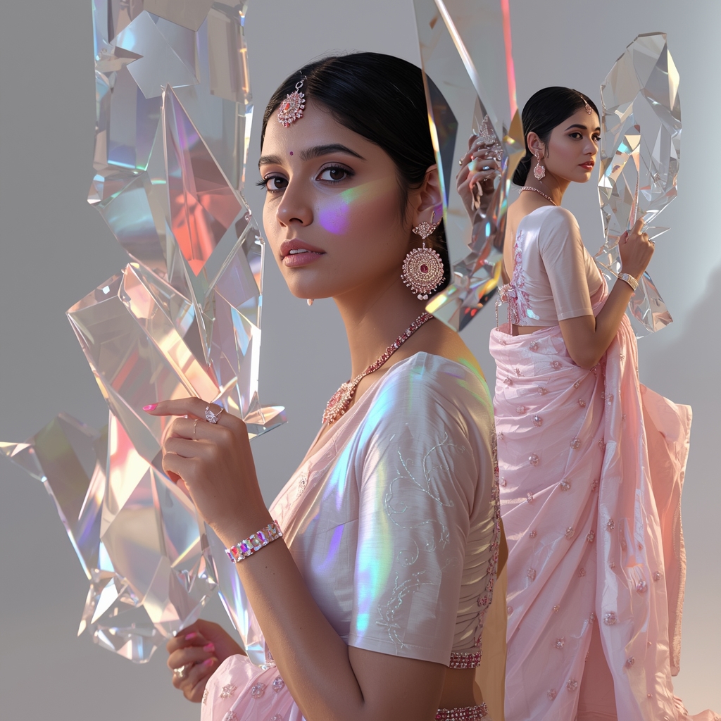 Crystal Prism Portrait Design For Pastel Festive Saree Look | Saree Traditional Ai Prompt Indian Culture
