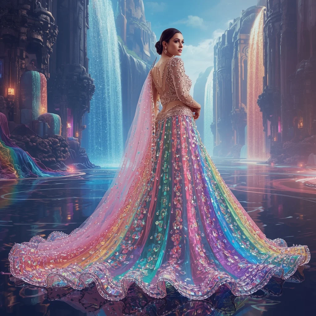 Crystal Prism Waterfall Saree with Floating Rainbow Cascade Kingdom | Makeup Ai Prompt