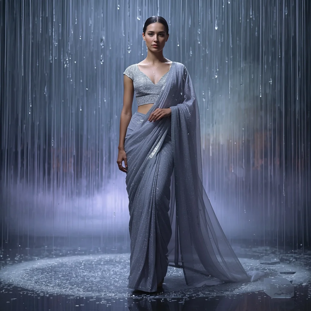 Crystal Rain Suspension Saree with Frozen Particle Field | Woman Pose Ai Prompt