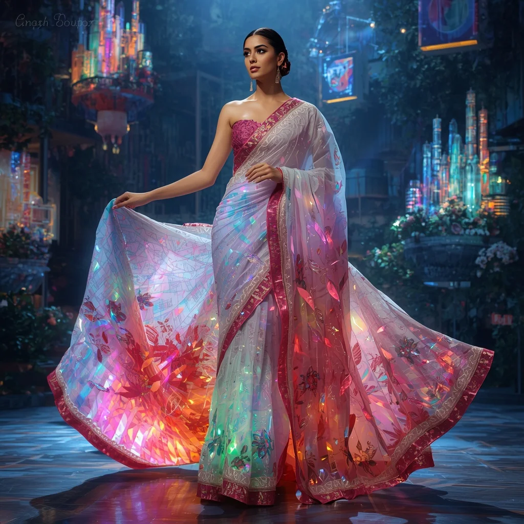 Crystal Rainbow Library Saree with Floating Knowledge Garden Metropolis | ChatGPT Ai Prompt