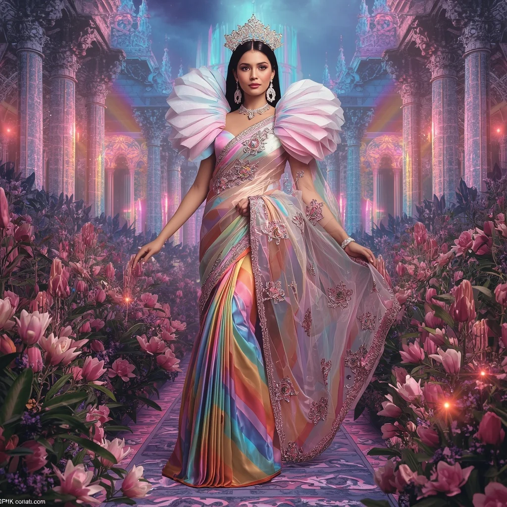 Crystal Rainbow Magnolia Cathedral Saree with Prism Bloom Kingdom | Luxury Ai Prompt