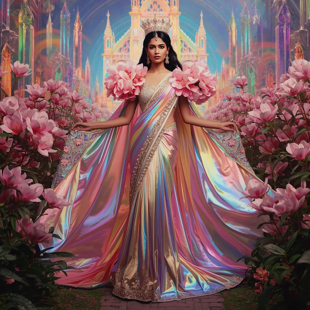 Crystal Rainbow Magnolia Cathedral Saree with Prism Floral Empire | Leonardo Ai Image Prompt