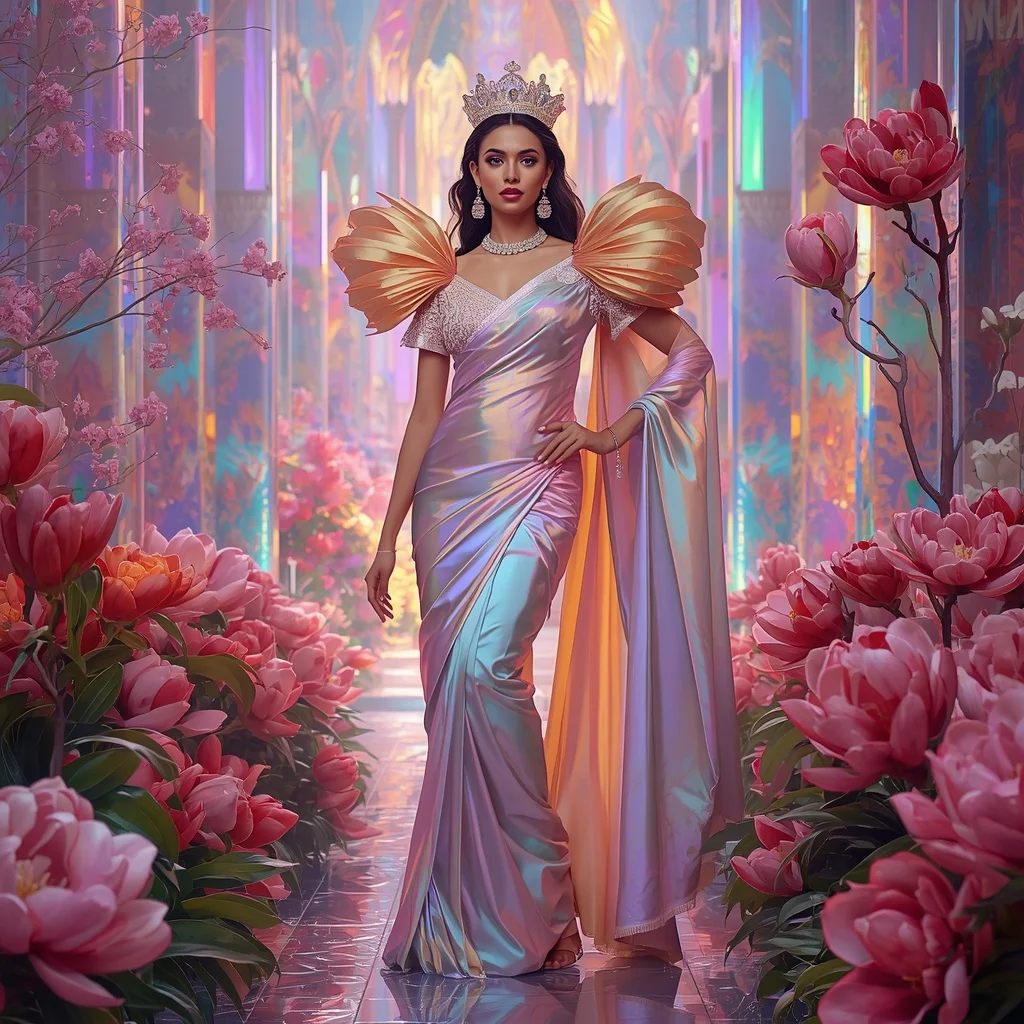 Crystal Rainbow Magnolia Cathedral Saree with Prism Floral Empire | Korean Ai Prompt