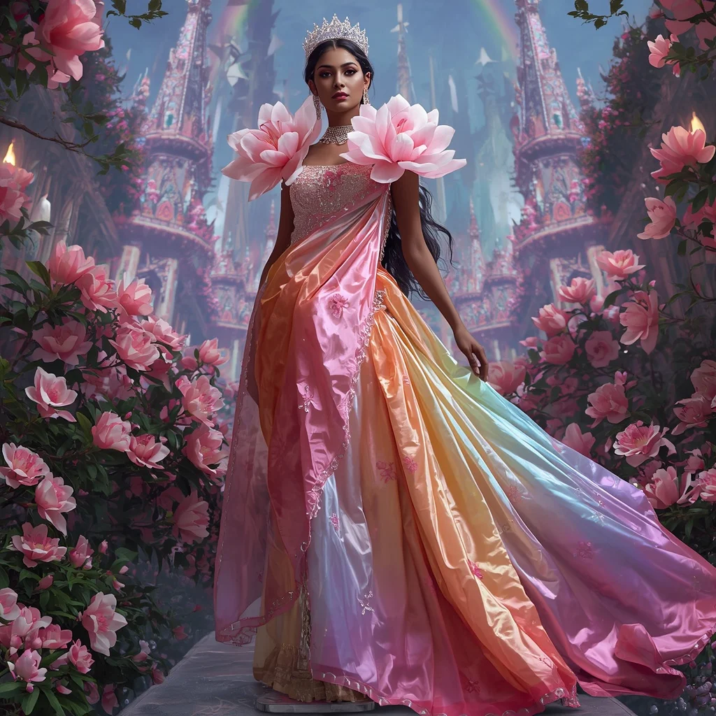 Crystal Rainbow Magnolia Cathedral Saree with Prism Floral Empire | Ai Girl Image Prompt