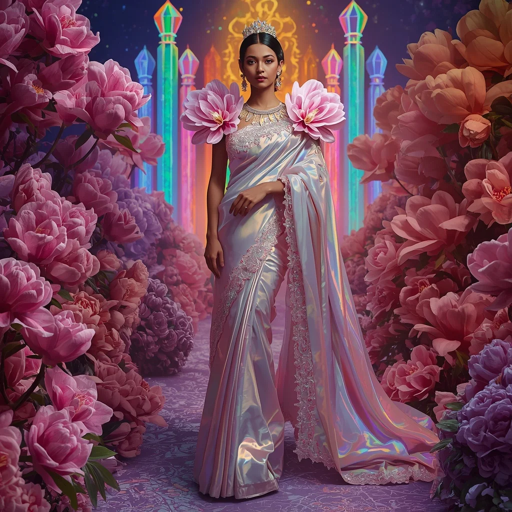 Crystal Rainbow Magnolia Cathedral Saree with Prism Floral Empire | Prompt AI For Girl