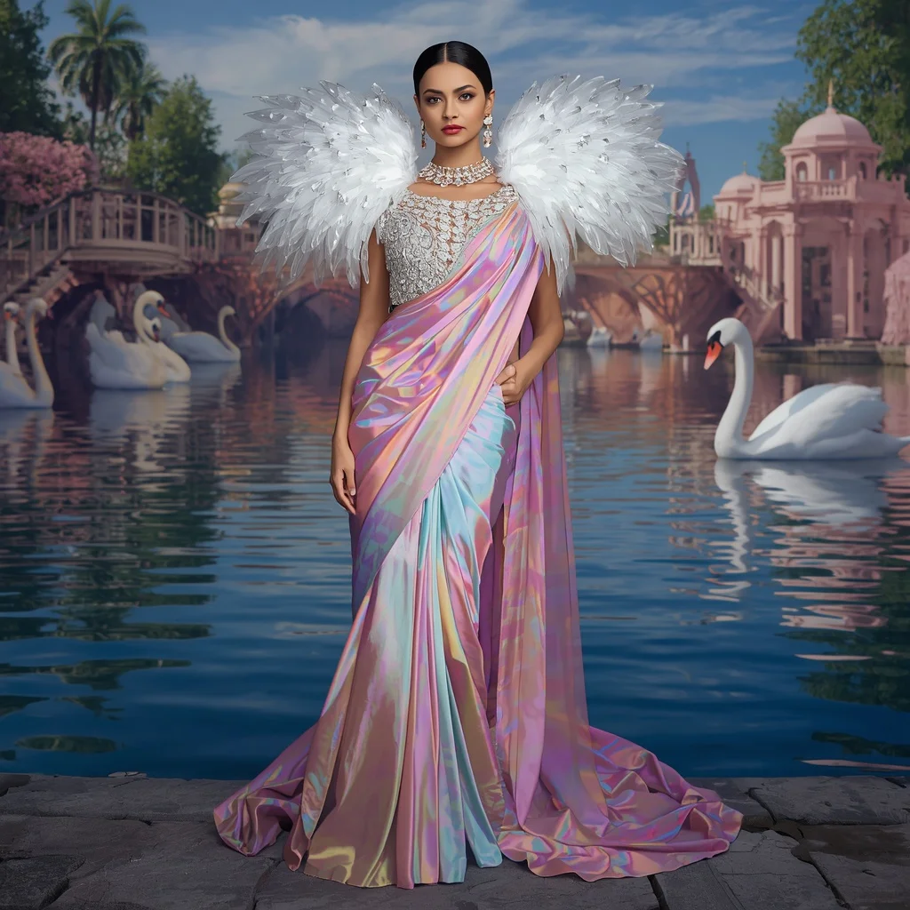 Crystal Rainbow Swan Saree with Prism Reflection Lake Realm | Chatgpt Photo Editing Prompts For Girl Traditional
